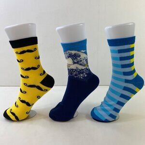 Mens Crew Socks Set 3 Mustache Wave Print Stripes Yellow Blue Black